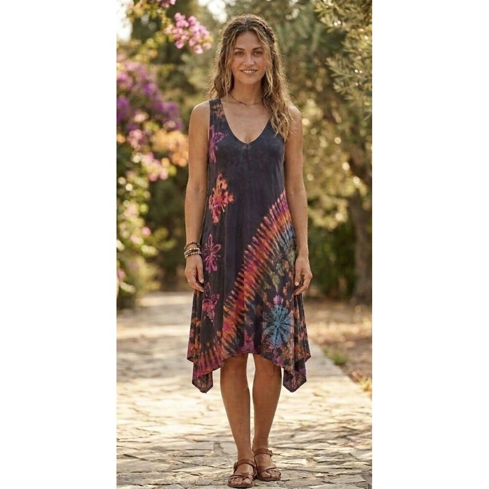 Girlish Tie Dye Tank DRESS A Line Multicolor Sun Burst Festival Women Size Large